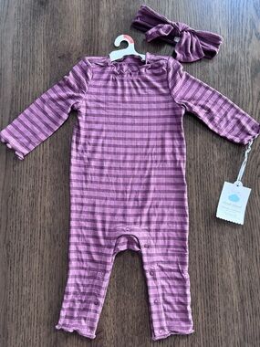 NEW WITH TAGS Cloud Island 6-9M Mauve Striped Baby One-Piece with Headband